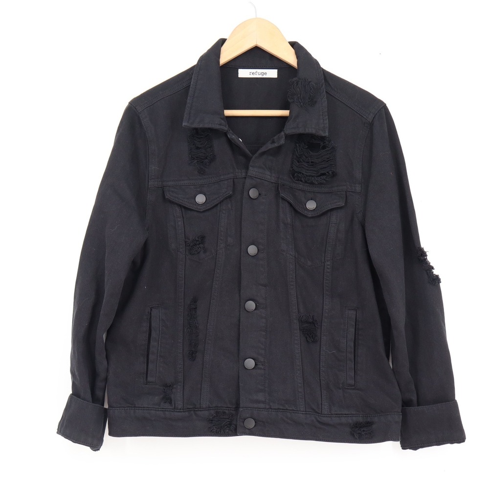Refuge Mens Black Distressed Denim Trucker Jacket Size M Ripped Cotton